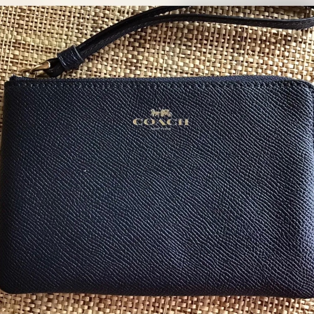 Coach Midnight Blue Crossgrain Leather Corner Zip Wristlet Wallet